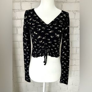 Hollister Ruched Long Sleeve, Black Flowered, Knit Shirt - XS